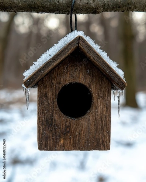Fototapeta A snow-covered birdhouse hangs from a tree branch in winter.