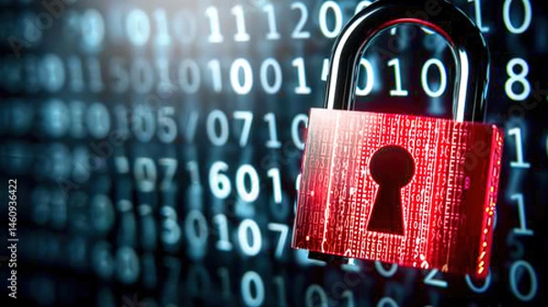 Fototapeta Glowing red padlock on dark digital interface symbolizing cryptocurrency security breach, blockchain technology concept for cyber security and data protection.