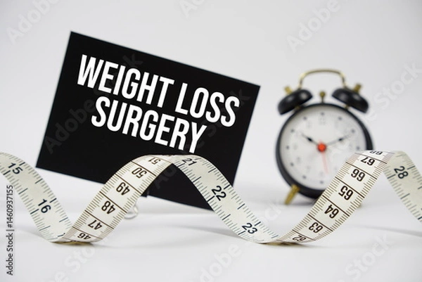 Fototapeta Weight Loss Surgery text with alarm clock and measuring tape on white background