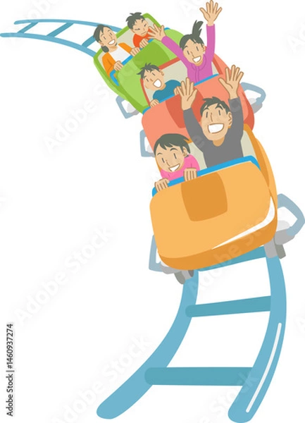 Fototapeta 遊園地でローラーコースターを楽しむ人々