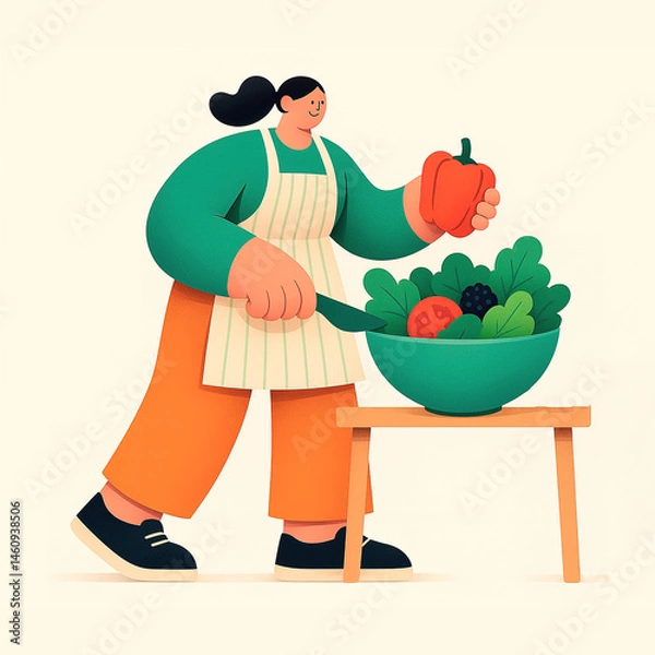Fototapeta A woman in an apron prepares salad, adding bell pepper to a bowl of greens.: Preparing fresh meals as part of healthy and mindful eating.  Flat , 3D