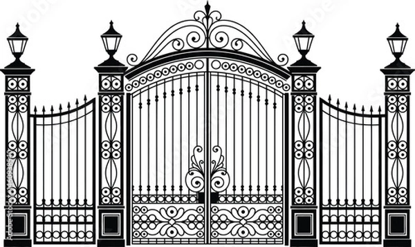 Fototapeta Elegant vector illustration of ornate wrought iron gate with detailed lamp posts and design