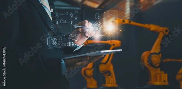 Obraz Industry engineer in smart factory using transparent glass tablet to control automated robotic arm with AI and 5G network, machine learning technology, business innovation in industry 4.0 era