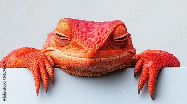 Obraz A close-up portrait of a bright red bearded dragon resting on a white surface showcasing its unique colors and textures