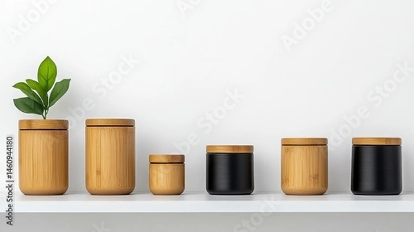 Obraz A stylish arrangement of bamboo and black containers on a clean shelf, perfect for modern home decor and organization
