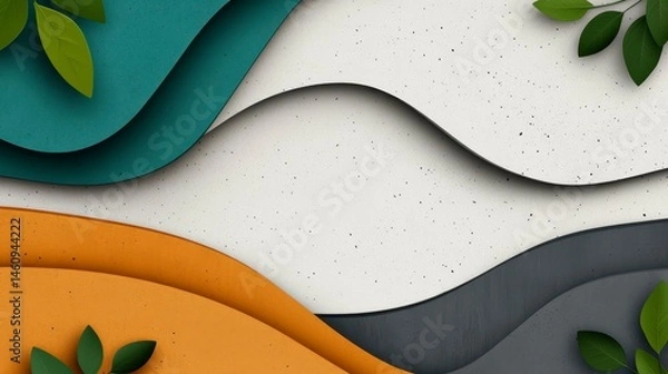 Obraz Abstract background featuring colorful wavy layers and green leaves, creating a refreshing and modern design aesthetic.