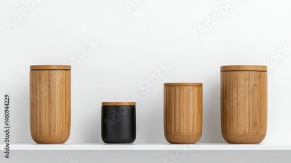Obraz Trendy bamboo storage jars displayed on a clean shelf against a minimalist wall backdrop showcasing modern design aesthetics