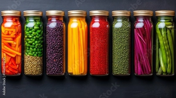 Obraz Colorful assortment of jarred vegetables and legumes arranged neatly against a dark background for a vibrant culinary display
