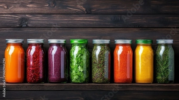 Obraz A colorful display of assorted jars filled with vibrant spices, herbs, and natural ingredients arranged on a rustic wooden background