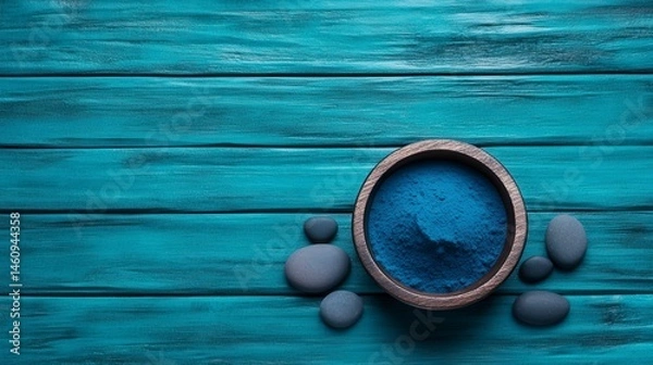 Obraz A rustic wooden bowl filled with vibrant blue powder placed on a turquoise wooden surface with smooth stones