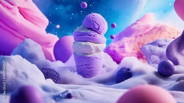 Obraz An enchanting display of dreamy purple ice cream surrounded by whimsical pastel clouds and colorful spheres in a surreal cosmic setting