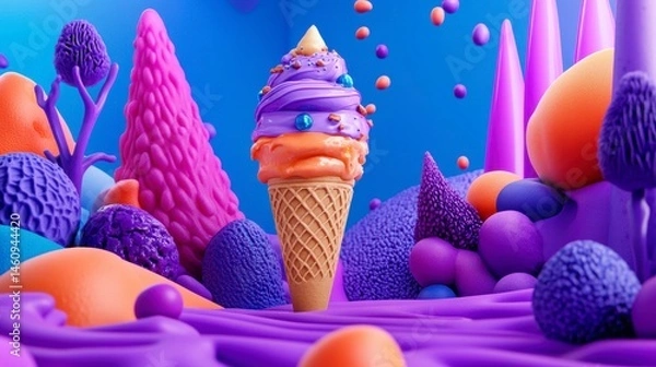 Obraz An imaginative ice cream cone standing tall amidst a vibrant and colorful surreal landscape of fantastical shapes and textures