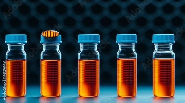 Obraz A collection of laboratory glass vials filled with bright orange liquid, showcasing scientific experimentation and precision