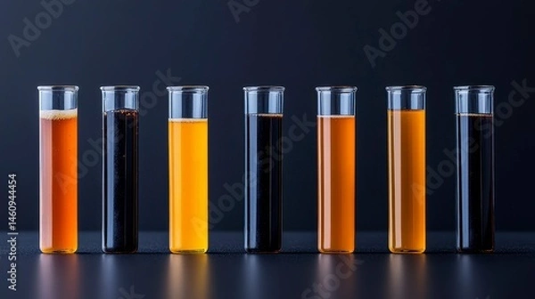 Obraz A visually striking arrangement of test tubes showcasing varying shades of liquid, representing diverse chemical compositions and experiments.