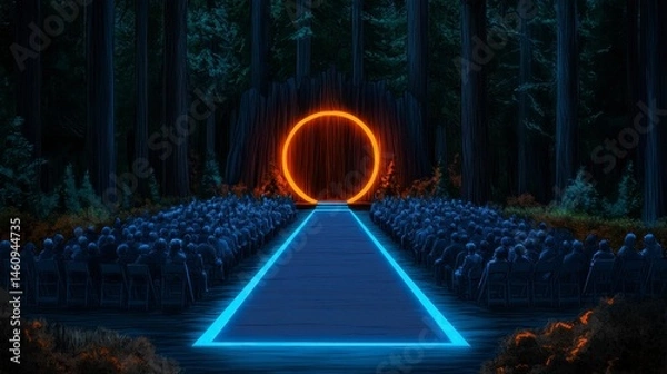 Obraz An enchanting ceremony set in a forest, featuring a glowing circular portal and a beautifully illuminated pathway for guests.