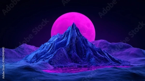 Obraz A surreal mountain landscape illuminated by a bright pink moonlight reflecting off a tranquil lake at night