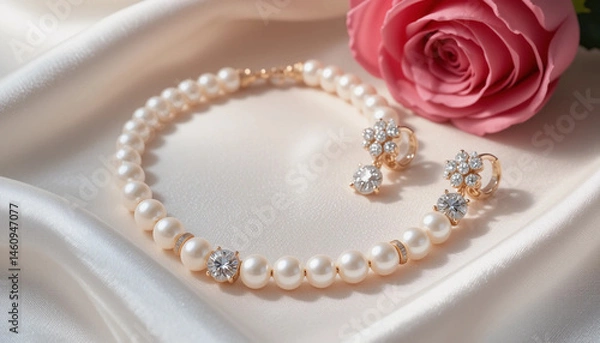 Obraz Luxury pearl necklace and sparkling diamond earrings displayed on soft ivory silk fabric, accompanied by a pink rose. Perfect for bridal themes, romantic occasions, or high-end jewelry showcases. Soft