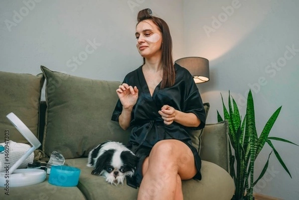 Obraz woman with eye patches on green sofa with japanese chin dog resting beside her in cozy home interior with soft lighting and skincare products, beauty, pet care, wellness brands