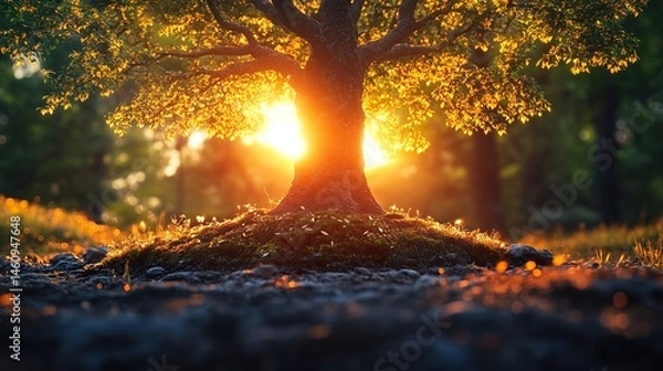 Fototapeta A beautiful tree with sunlight shining through the leaves, casting warm hues on its trunk and roots. 