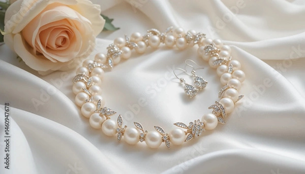 Obraz Luxury pearl necklace and sparkling diamond earrings displayed on soft ivory silk fabric, accompanied by a pink rose. Perfect for bridal themes, romantic occasions, or high-end jewelry showcases. Soft
