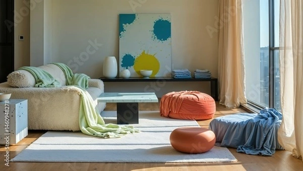 Fototapeta Generative AI, Modern High-Rise Living Room with Pop Art Decor