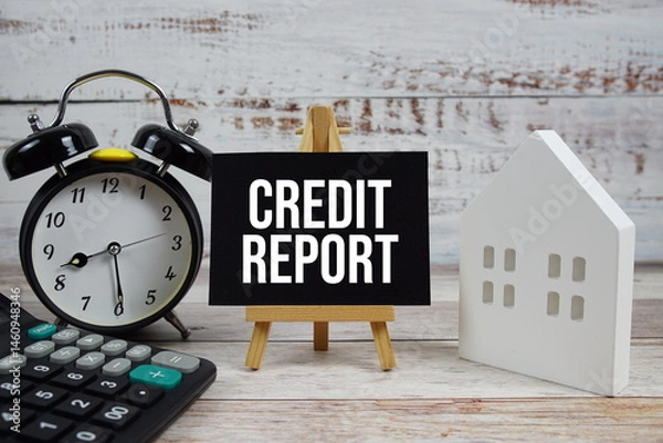 Fototapeta Credit Report on paper card with white house model, and alarm clock on wooden background