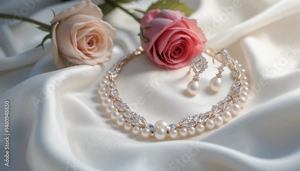 Obraz Luxury pearl necklace and sparkling diamond earrings displayed on soft ivory silk fabric, accompanied by a pink rose. Perfect for bridal themes, romantic occasions, or high-end jewelry showcases. Soft