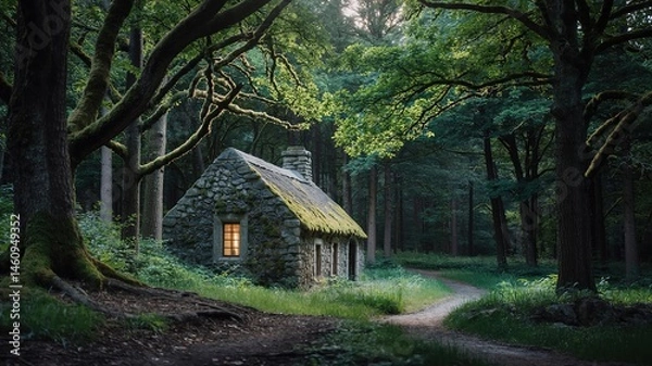 Fototapeta Stone Cottage with Lit Window in a Lush Green Forest at Dusk