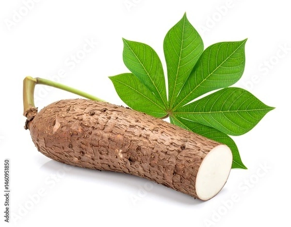 Fototapeta Cassava Root and Leaf on White Background