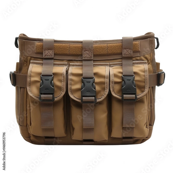 Fototapeta Tactical gear molle pouch utility bag military attachment carrier organizer khaki tan equipment 0d nylon on transparent background