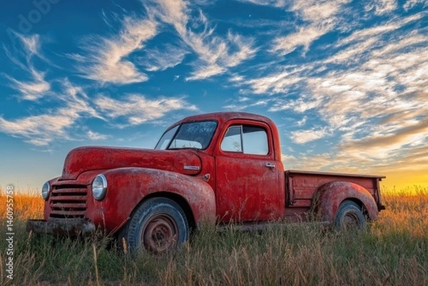 Fototapeta Rusty red pickup truck parked in a field at sunset