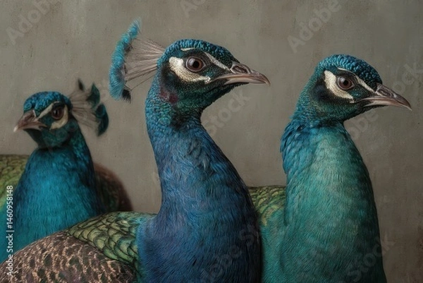 Obraz Three peacocks close up, showcasing vibrant plumage.