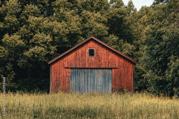 Obraz Rustic red barn nestled in a verdant forest