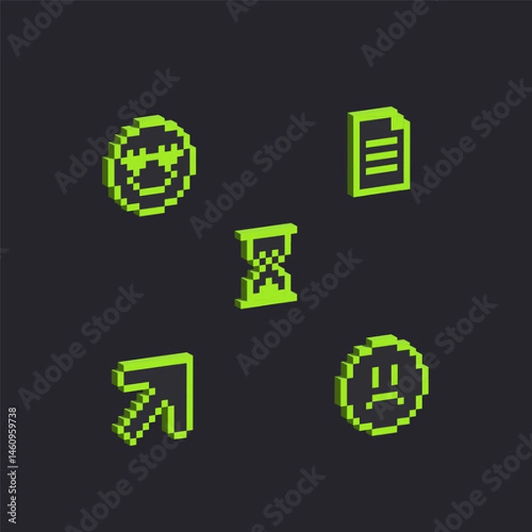 Obraz Set of 3d pixel elements. Isometric 8 bit objects. Brutalist style. Cyber symbols in y2k futuristic design. Voxel retro signs. Volumetric geometric shapes. Vector illustration