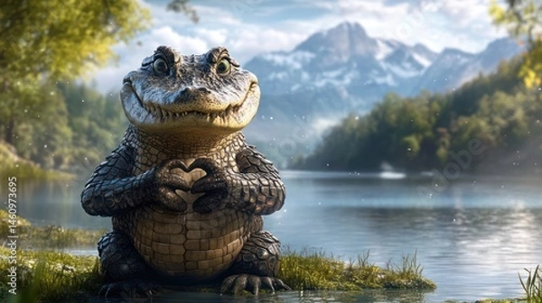 Obraz A friendly, cartoonish alligator sits by a serene lake, creating a heartwarming scene