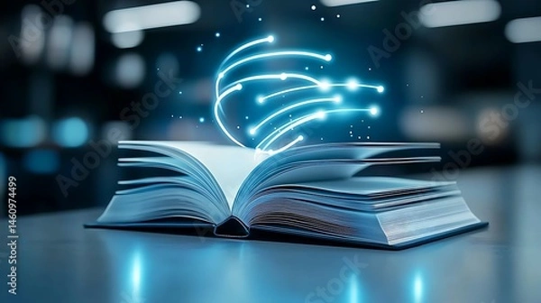 Fototapeta Open book with glowing digital network, knowledge