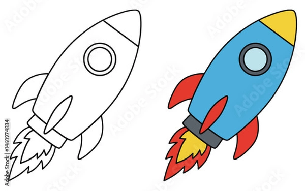 Obraz Rocket and Space Line Art Vector Outline Illustration Black and White with Coloring Sample