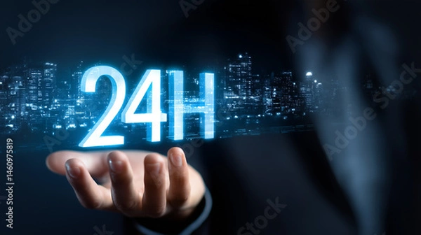 Fototapeta Businessman Futuristic Hand Holding with 24 hours of network communication to cope with the business world today.