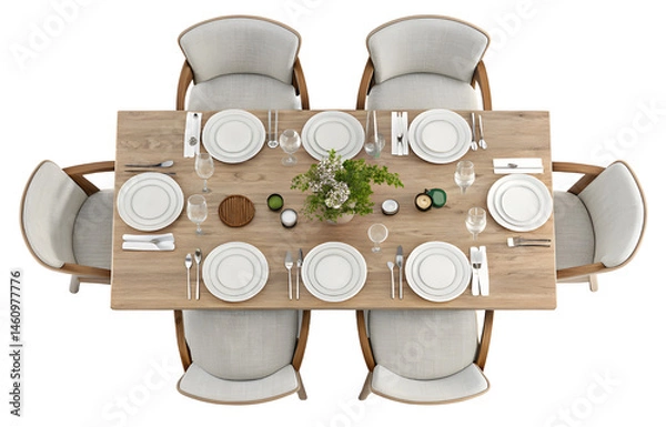 Fototapeta Top view of dining table with chairs isolated on white background.