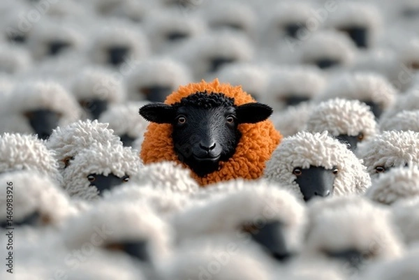 Fototapeta Black sheep stands out in a crowd of white sheep