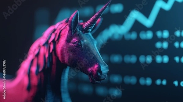 Fototapeta Abstract Illustration of a Digital Unicorn Surrounded by Stock Market Data Representing Growth and Innovation