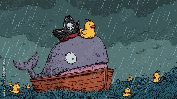 Fototapeta A whimsical illustration of a whale in a boat with rain and rubber ducks.