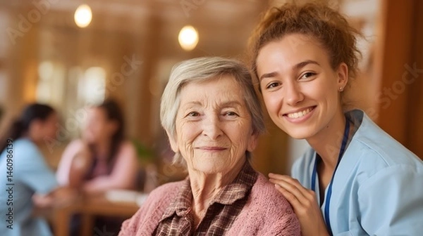 Fototapeta Warm and Inviting Atmosphere in a Senior Care Facility with Friendly Staff and Happy Residents