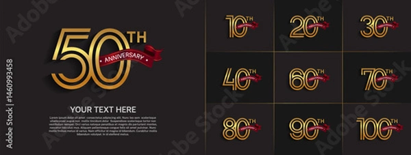 Fototapeta Anniversary logo set with double line number style. gold color with red ribbon can be use for special moment