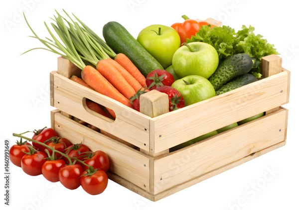 Fototapeta Assortment of Fruits and Vegetables Inside Wood Box Isolated on White Background. Front View.