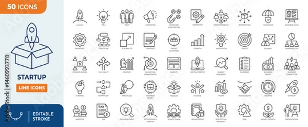 Obraz Startup icon set. Containing startup, innovation, business plan, investment, launch, funding, investor, entrepreneurship, and more. Outline Icon Collection. Editable stroke. Vector illustration	