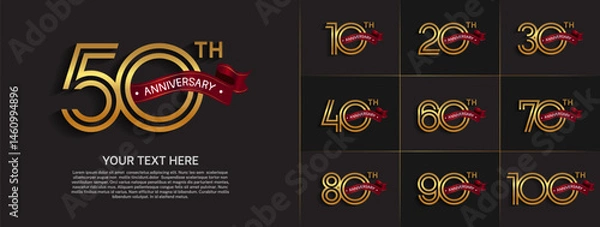 Fototapeta Anniversary logo set with double line number style. gold color with red ribbon can be use for special moment