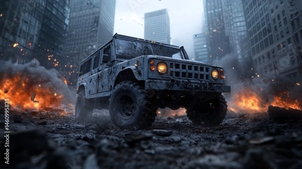 Obraz Sturdy off-road vehicle amidst a post-apocalyptic urban landscape with smoke and flames rising in the background