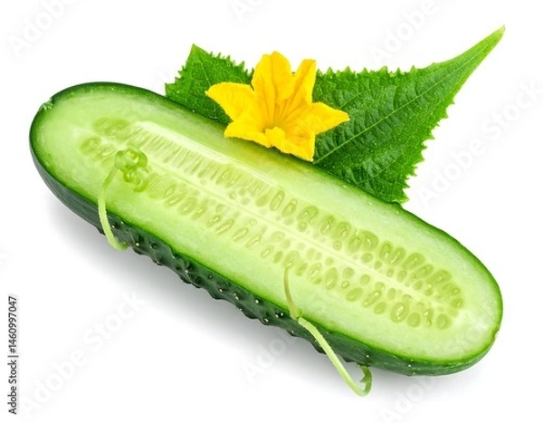 Fototapeta Halved Cucumber with Yellow Flower and Leaves
