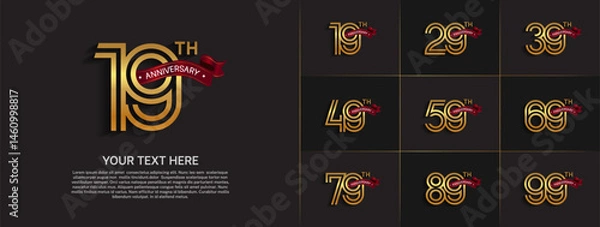 Fototapeta Anniversary logo set with double line number style. gold color with red ribbon can be use for special moment